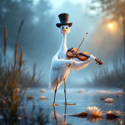 The primary subject of the image is a bird, specifically a white bird, wearing a top hat and holding a violin. The bird is standing in a body of water, which serves as the setting for the scene. The visual style of the image is a combination of photo and digital art, creating a unique and whimsical atmosphere. The dominant colors in the image are white and blue, with the bird's white feathers and the water's blue hue. The overall mood of the image is light-hearted and